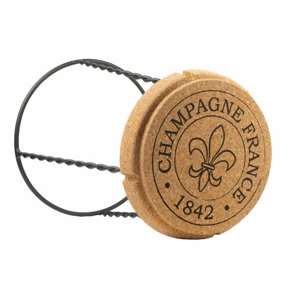 Cork stool with printing "Champagne France 1842" on a sturdy metal base